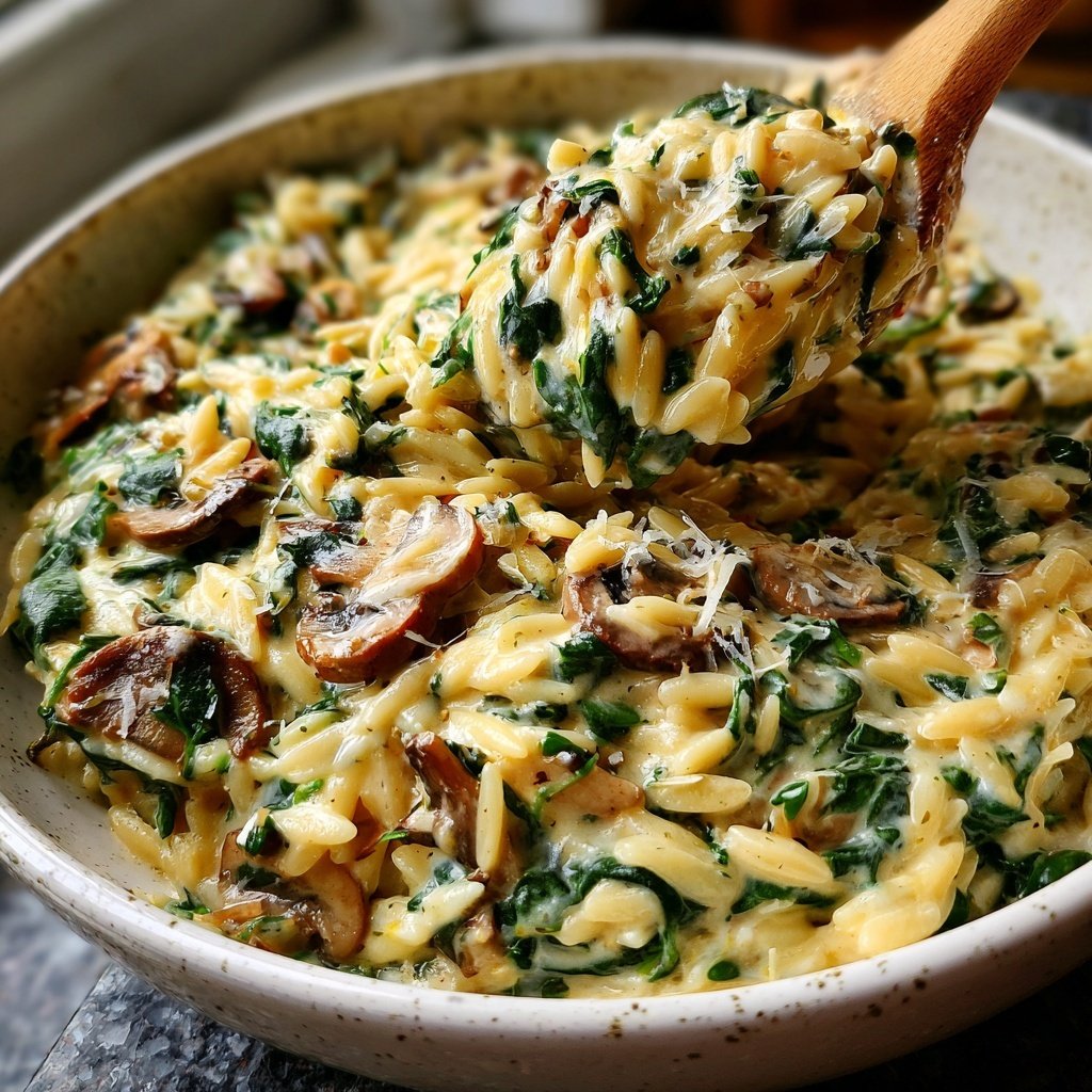 Romantic Creamy Spinach Mushroom Orzo